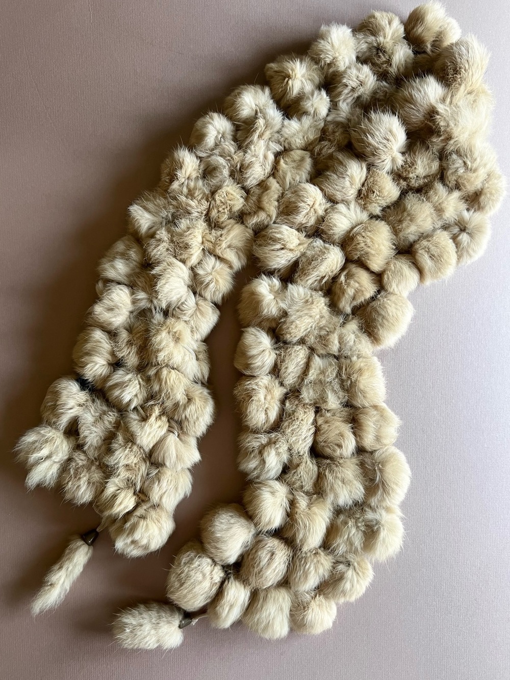 Vintage Genuine Rabbit Fur Pom Pom Scarf Neutral Tan 52”